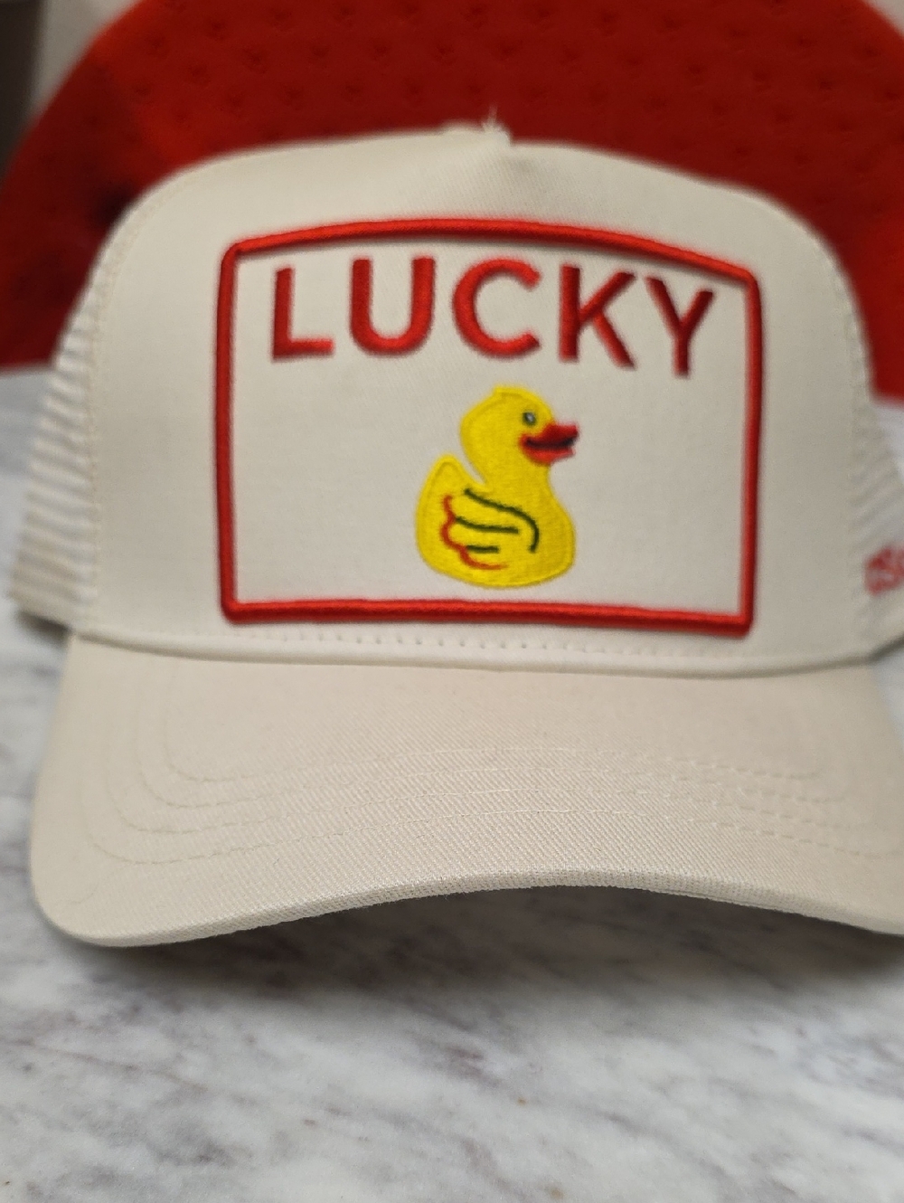 Soulbyrd "LUCKY" Cream Trucker Hat with Yellow Duck Patch and Red Accents